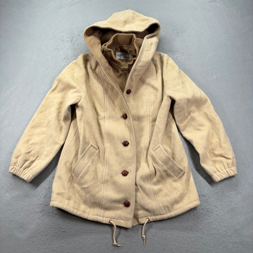 M. Liman Penguin Wool Coat Womens M Beige Hooded Vintage Zip Button Jacket
